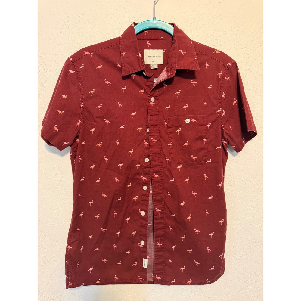 American Eagle Flex Men Shirt XS Flamingos Button Up Dark Red Stretch Valentine - Picture 1 of 13